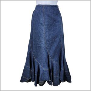 Vtg Y2K 90s Denim Skirt Size 14 36" Waist Blue Jean Midi Flare Panel Modest Long